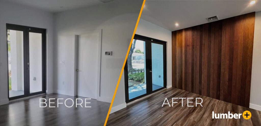 Picture showing a space before and after wall slats installation.