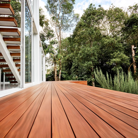 A tranquil Cumaru retreat with an elevated small deck patio