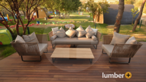 A fire resistant deck with deck furniture overlooking a backyard.