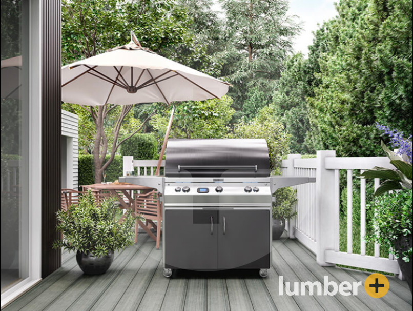 Outdoor grill sitting on a light gray wooden deck with white railing.