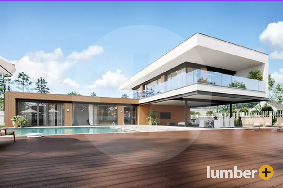 Elegant poolside deck with lounge area next to modern style house with covered deck design. 