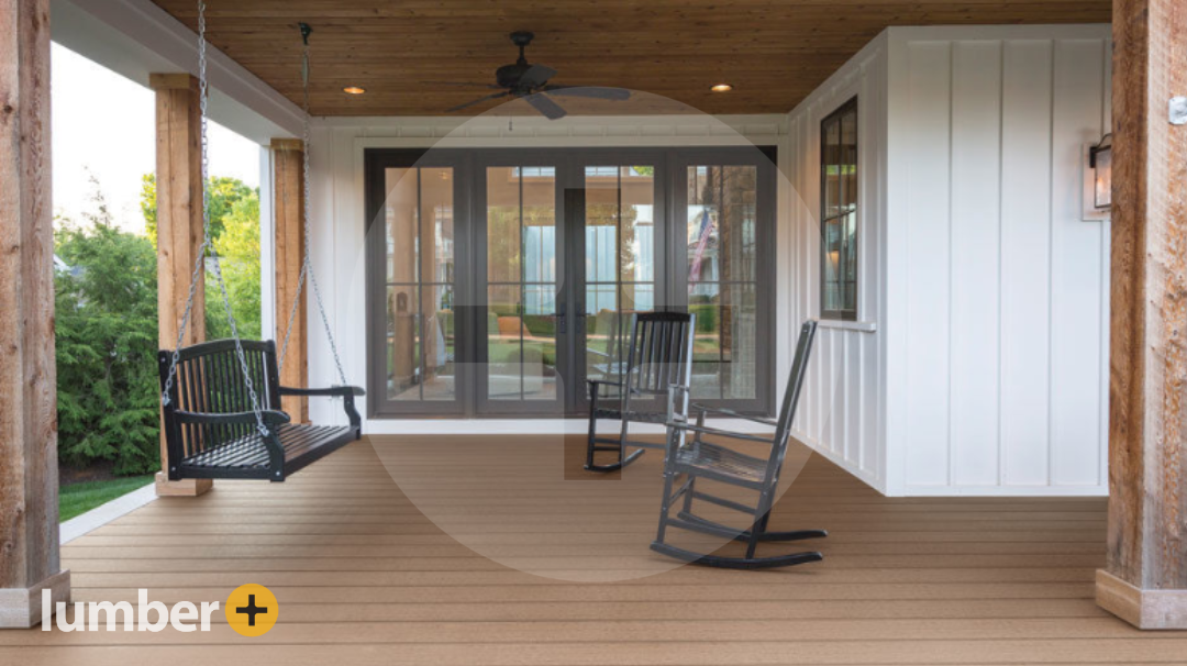 Rocking chairs and swing on an open concept covered deck design front porch. 