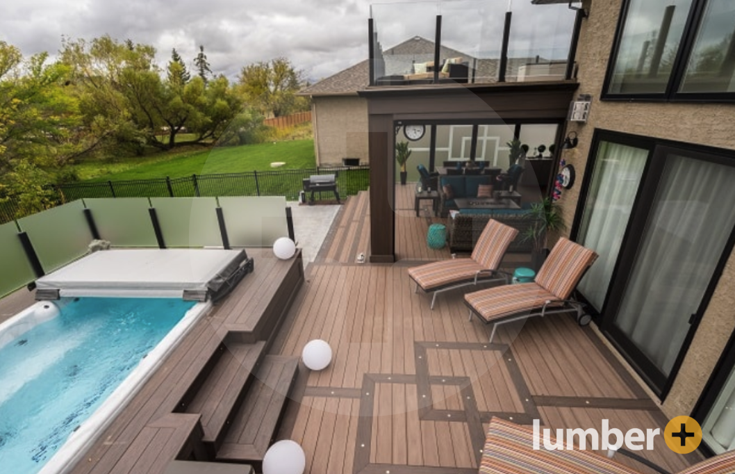 Elevated wooden patio with covered deck design and pool casing.