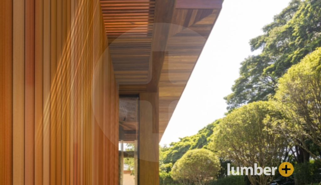 Rainscreen wood cladding on the side and soffit of a house