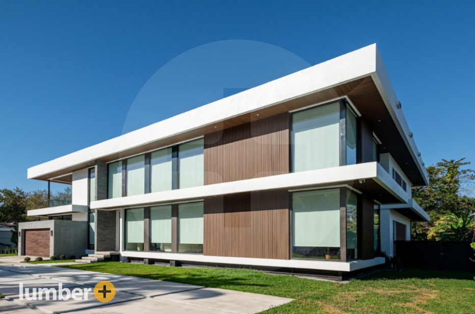 ood textured cladding on the exterior of a house with big glass windows