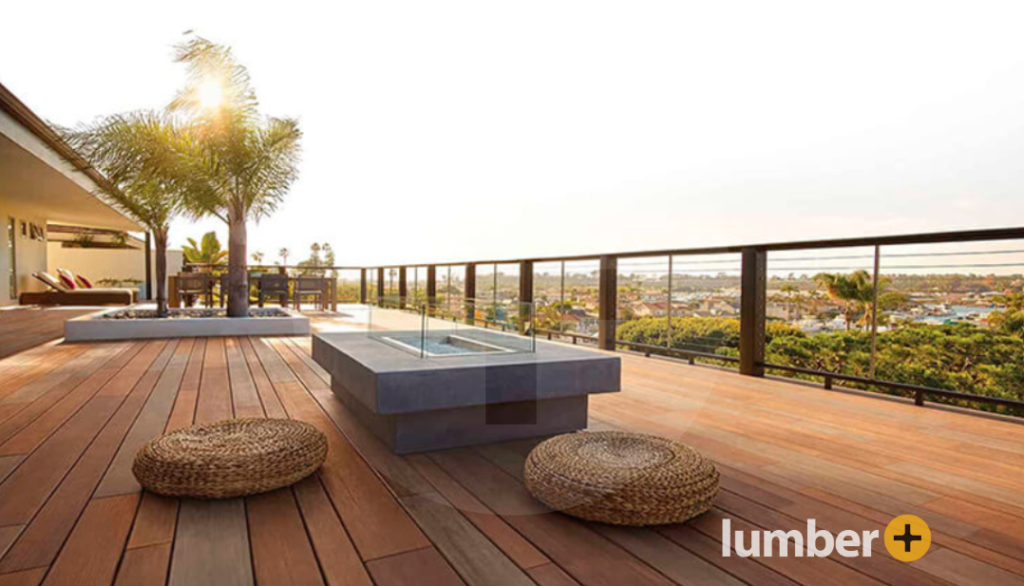 Two-toned PVC decking on a rooftop with seating area and a firepit