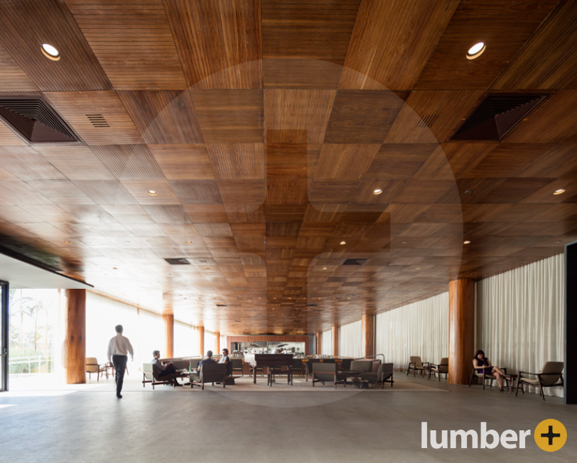 Hardwood ceiling with geometric, square shapes with parallel lines