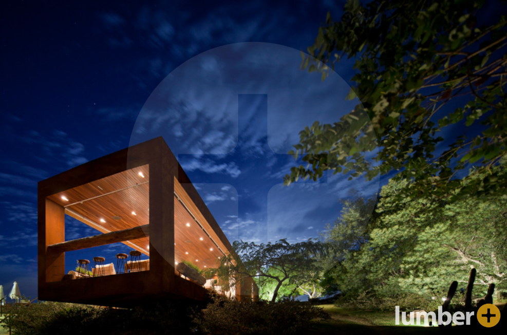 large wooden and illuminated wood pavilion with a hardwood ceiling