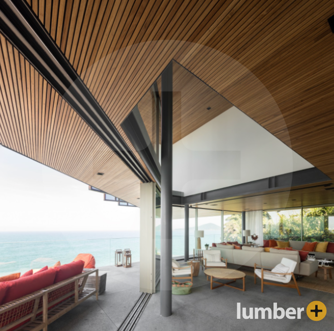 large patio deck with patio furniture and hardwood ceiling