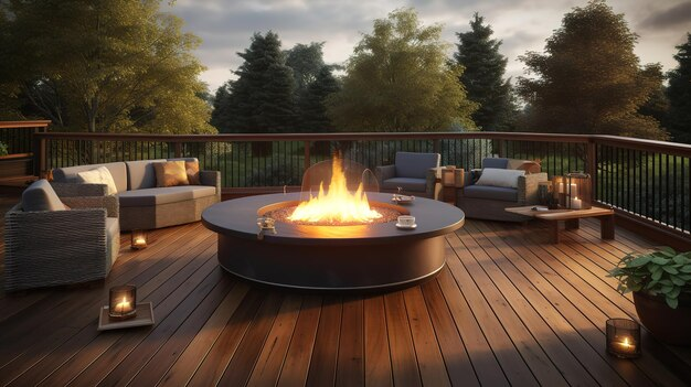 A large fire pit on a composite deck. 