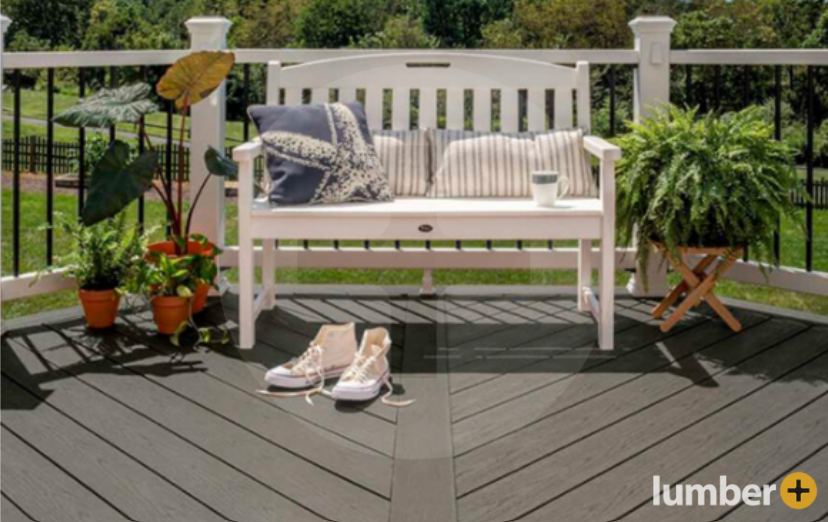 Trex composite decking in clam shell gray.