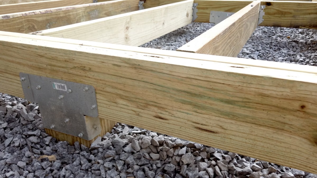 A close up of framing for Trex decking.