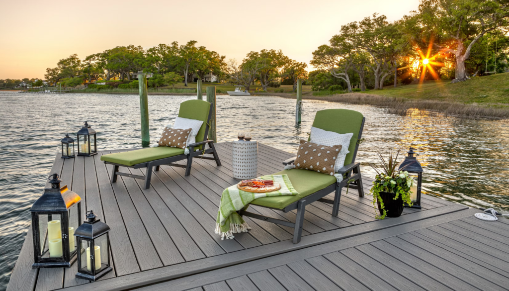 A photo of a slip resistant deck on the lake. 