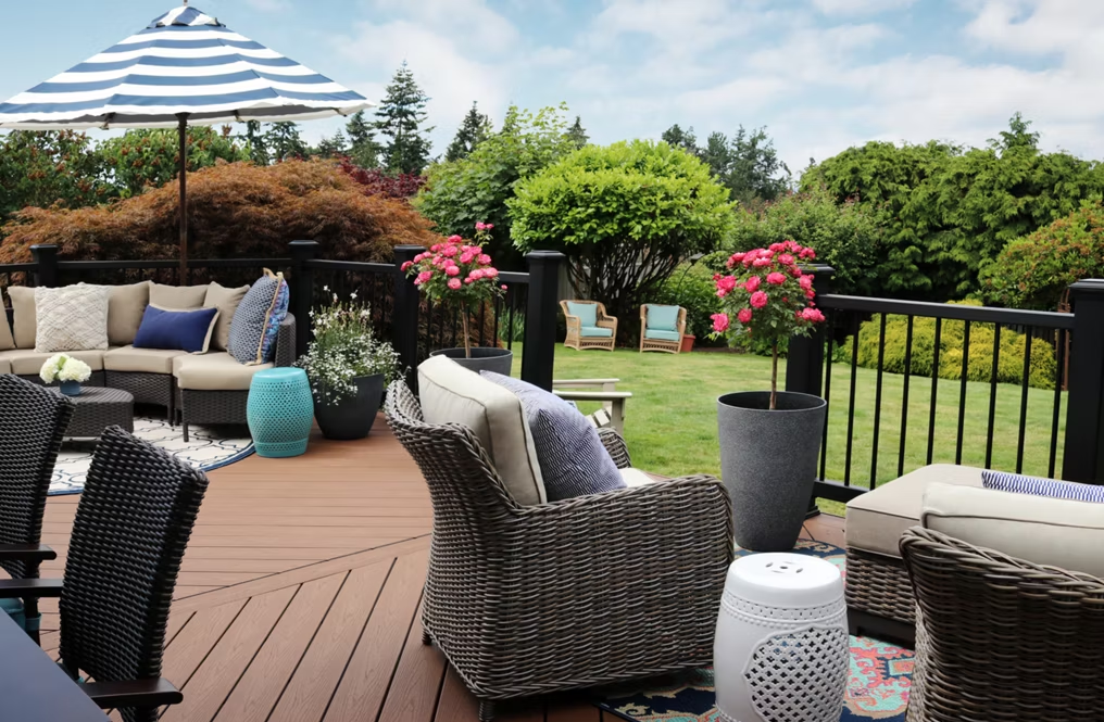 A Trex Enhance® deck in Saddle, showcasing rich brown tones.