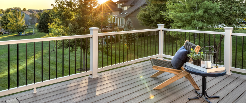 Trex composite railing design with white balusters for a timeless look.