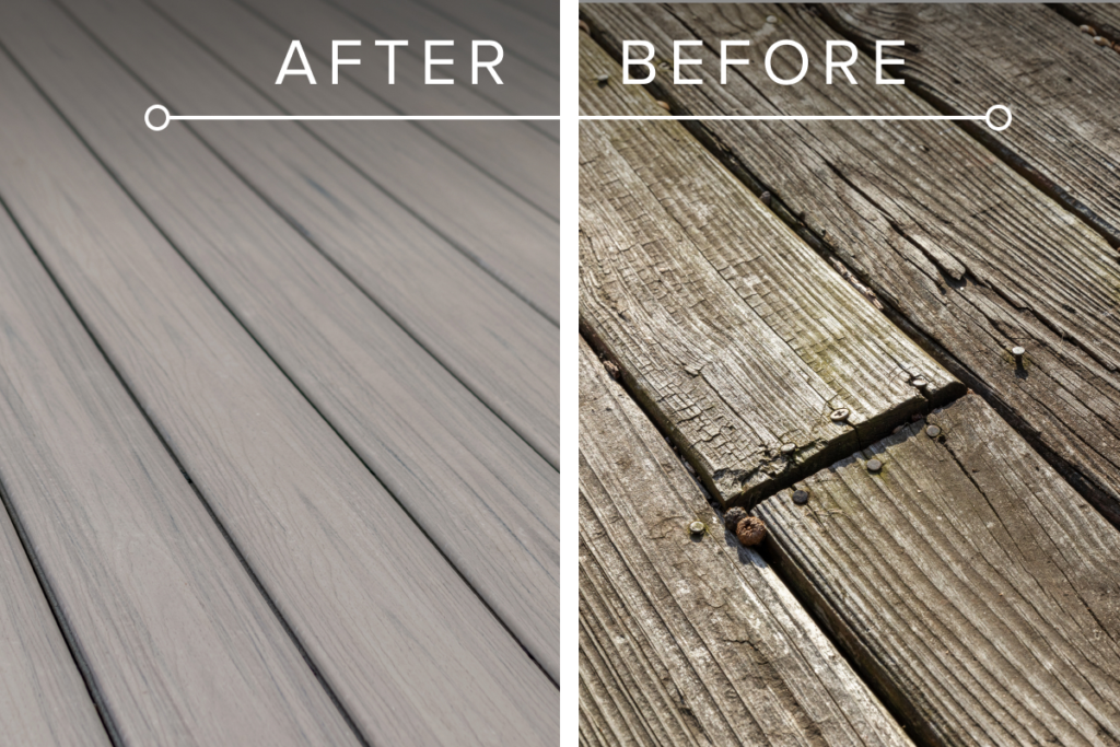 A before and after image of deck boards made of wood vs Trex composite materials.