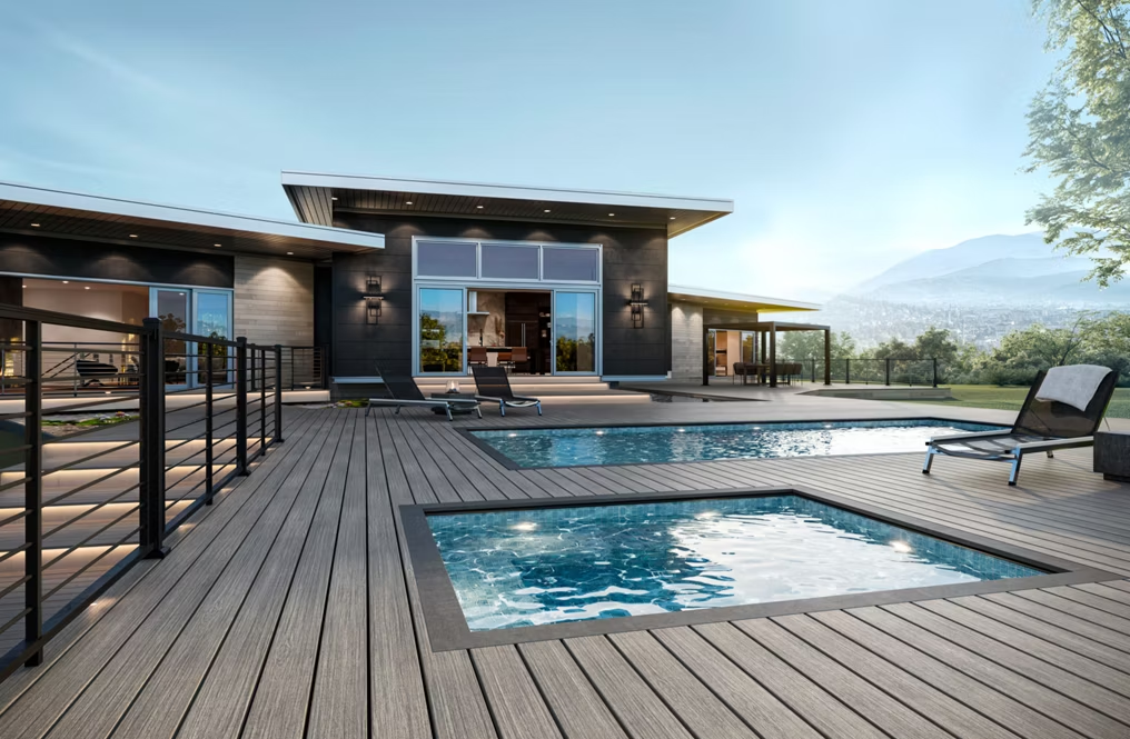 Trex composite decking featuring a built-in pool and hot tub.