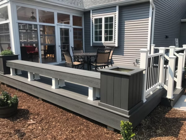 Trex Enhance® bench in Clam Shell with integrated planters and white railings for an elegant and functional outdoor space.