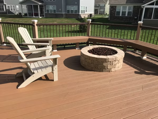 Patio deck with Trex Enhance® Basics Beach Dune decking, featuring a floating bench and gas campfire ring for a stylish outdoor space.