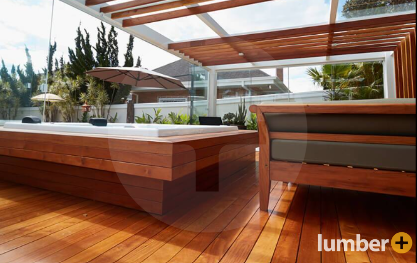 Jatoba hardwood decking on a backyard patio.
