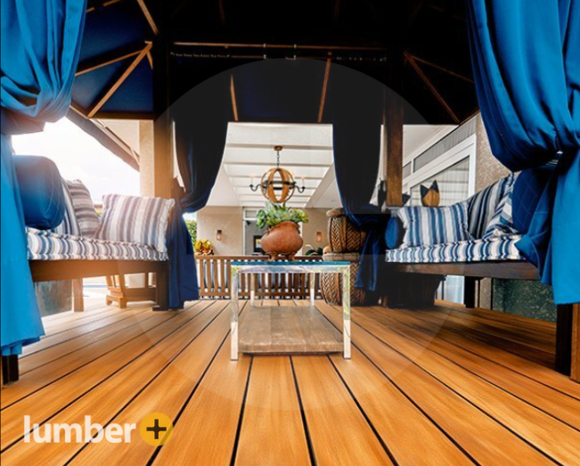 An image of Garapa wood deck with patio furniture. 