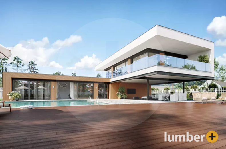 An image of composite siding on the outside of a house with a pool. 