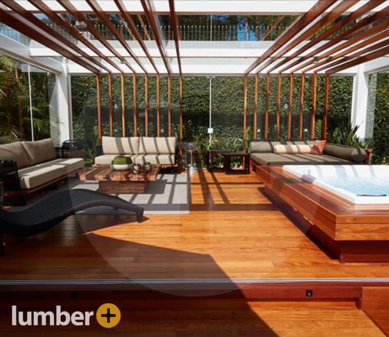An image of exotic wood deck and hot tub. 