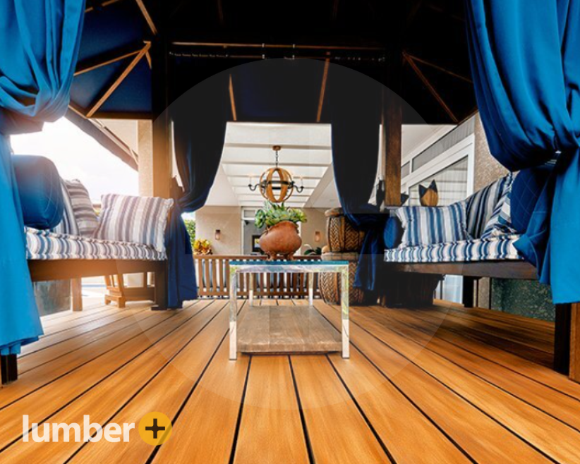 An image of an exotic wood deck with patio furniture. 