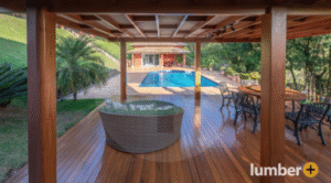 Tropical decking frames the outdoor hot tub and pool beautifully.